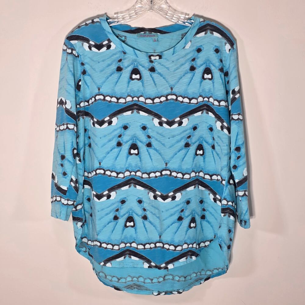 Fresh Produce Womens Blue Dalia Mosaic Print Tunic Top 3/4 Sleeve Size Medium